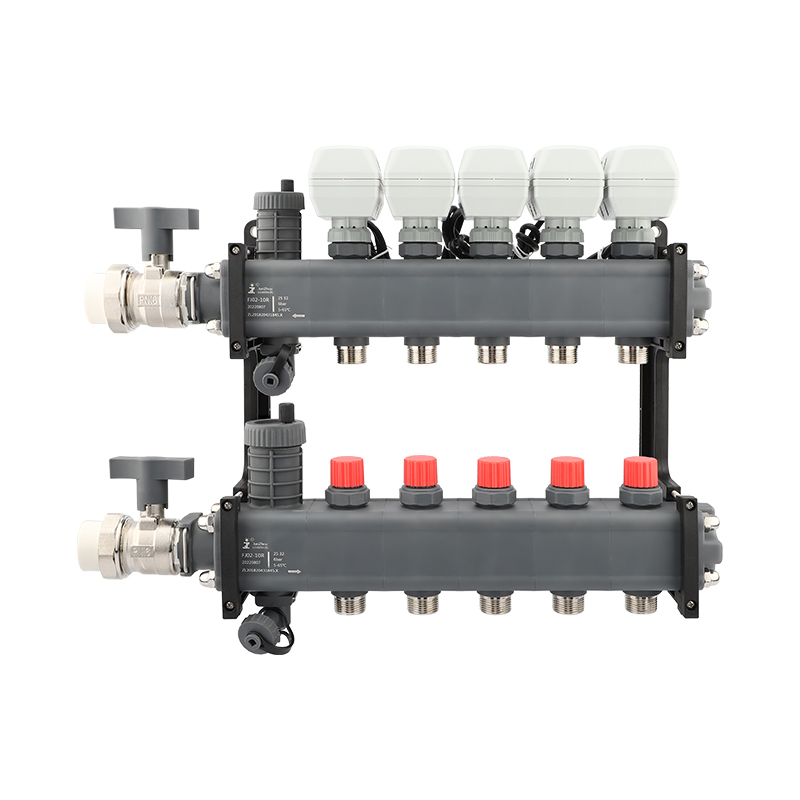 The two branches of the floor heating manifold are equipped with water flow controllers