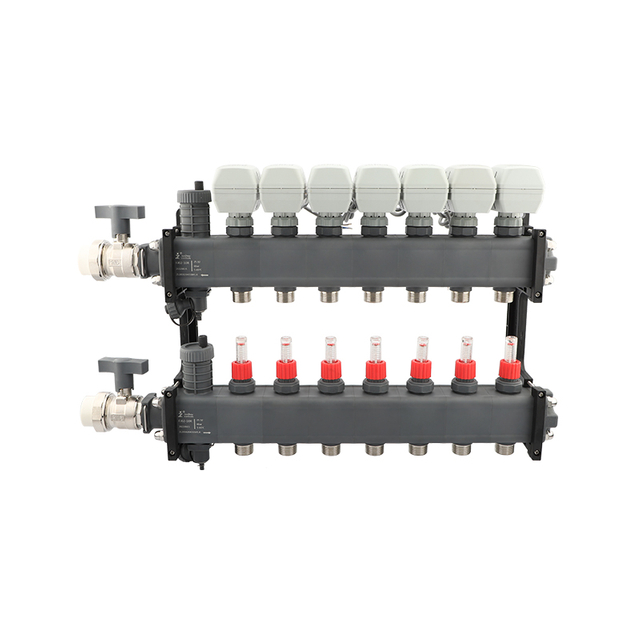 The two branches of the floor heating manifold are equipped with water flow controllers